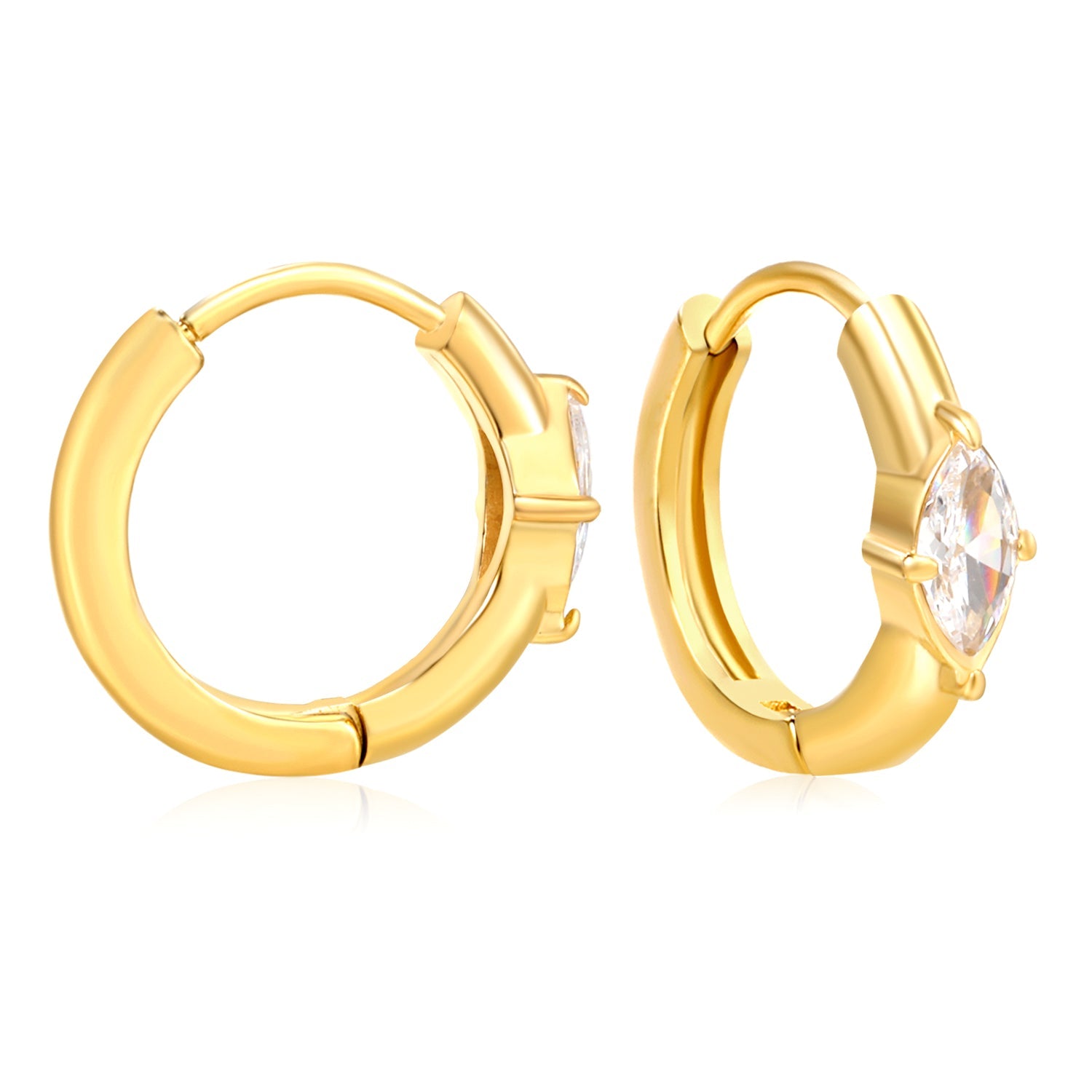 3.7 x 6.7mm diamond-shaped white zirconia stud earrings with a 2.2mm post and a 10mm inner diameter, gold-colored asonjewelry