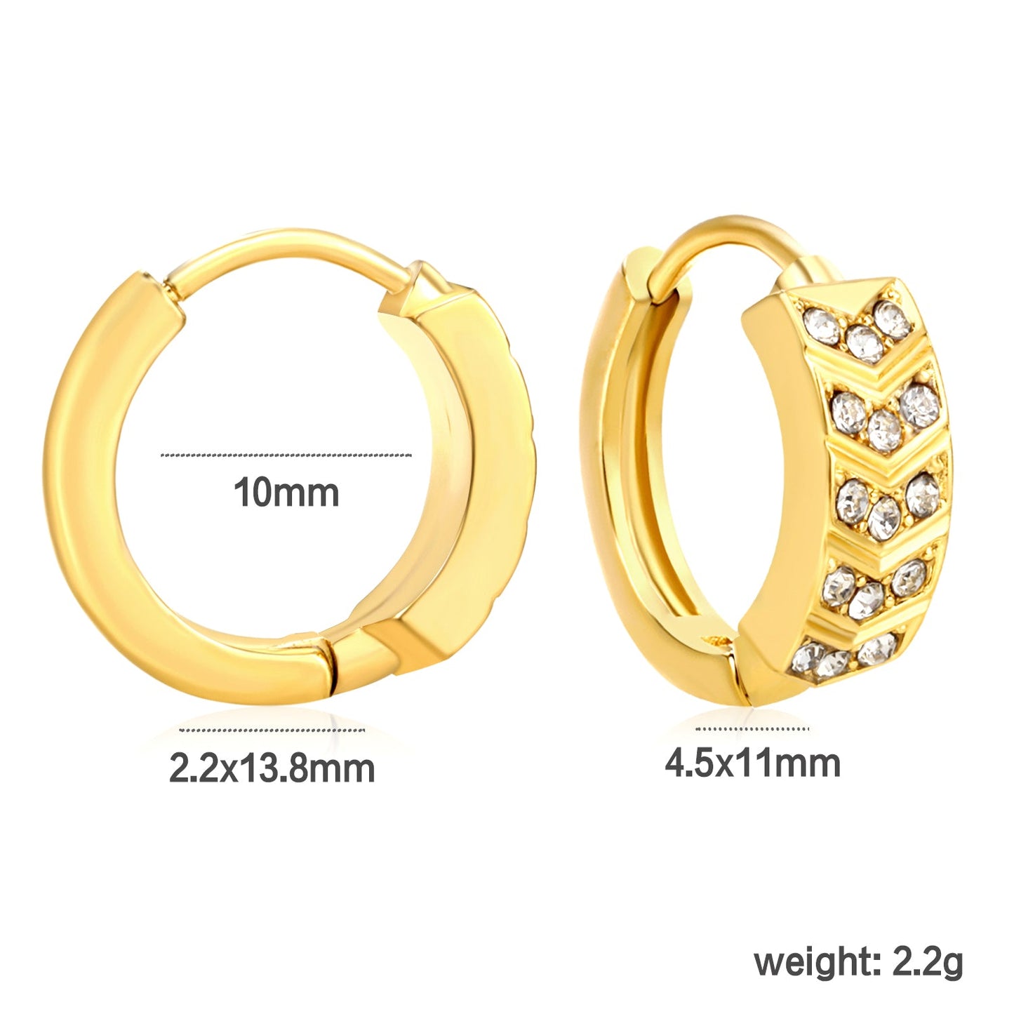 4.5 x 11mm hexagonal with imitation white Czech diamonds, earring hook 2.2 x inner diameter 10mm, gold-colored earrings asonjewelry