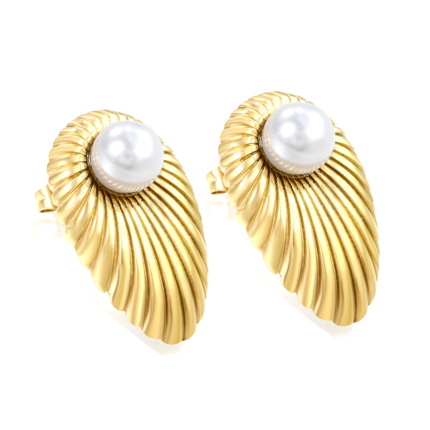Oval Leaf with 1 White Pearl Stud Earrings 15.2*24mm asonjewelry
