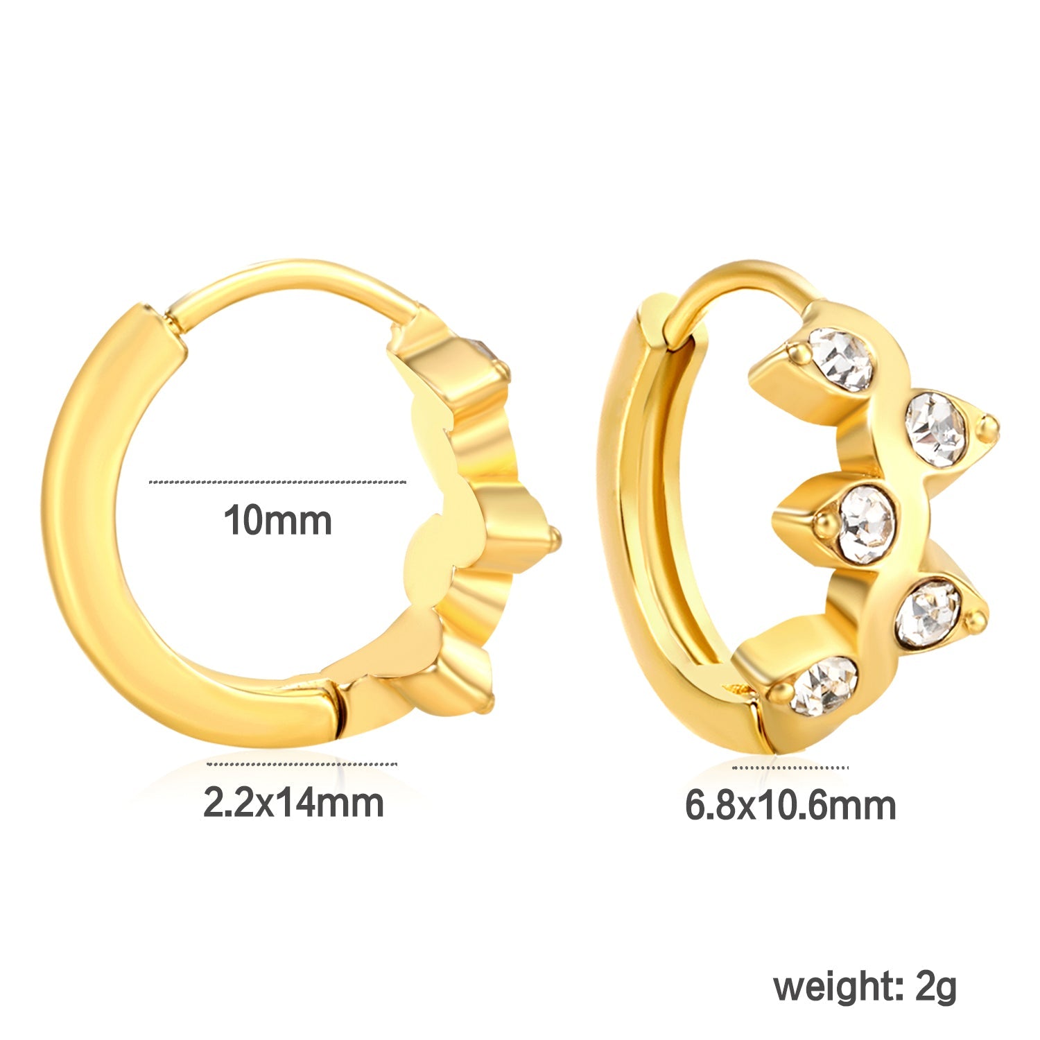 6.8 x 10.6mm vine-shaped white Czech crystal stud earrings with 2.2mm post and 10mm inner diameter, gold-plated asonjewelry