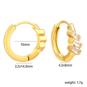 4.2 x 8mm three oblique square-shaped white zirconia earrings with 2.2 x 10mm inner diameter ear hooks, gold color