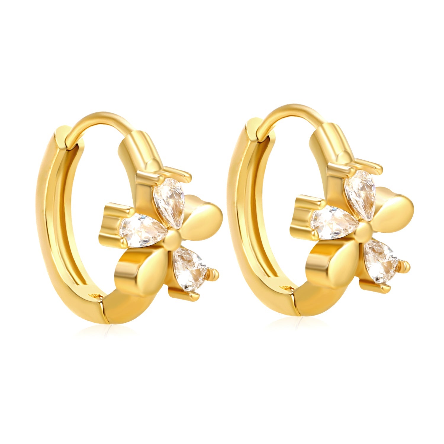 8mm flower-shaped earring with three white zirconia stones, 2.2mm post, and a 10mm inner diameter, gold color asonjewelry