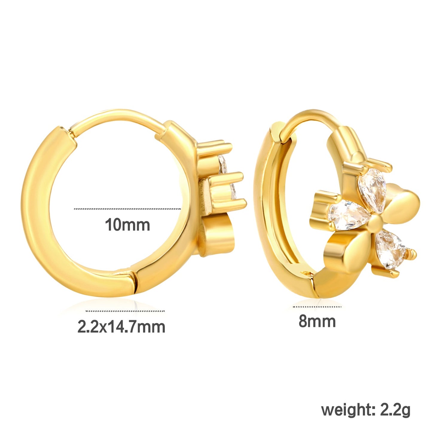 8mm flower-shaped earring with three white zirconia stones, 2.2mm post, and a 10mm inner diameter, gold color asonjewelry