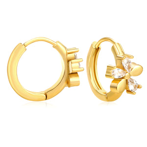 8mm flower-shaped earring with three white zirconia stones, 2.2mm post, and a 10mm inner diameter, gold color