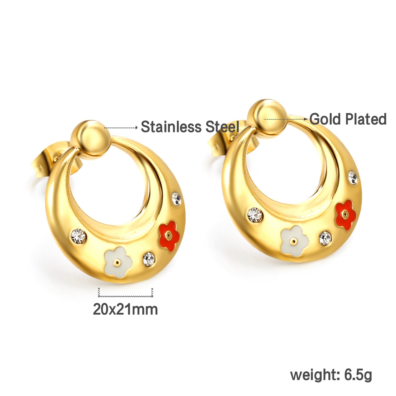 Oval Hoops with Mixed Color Flowers with White Diamonds Earrings 20*21mm asonjewelry
