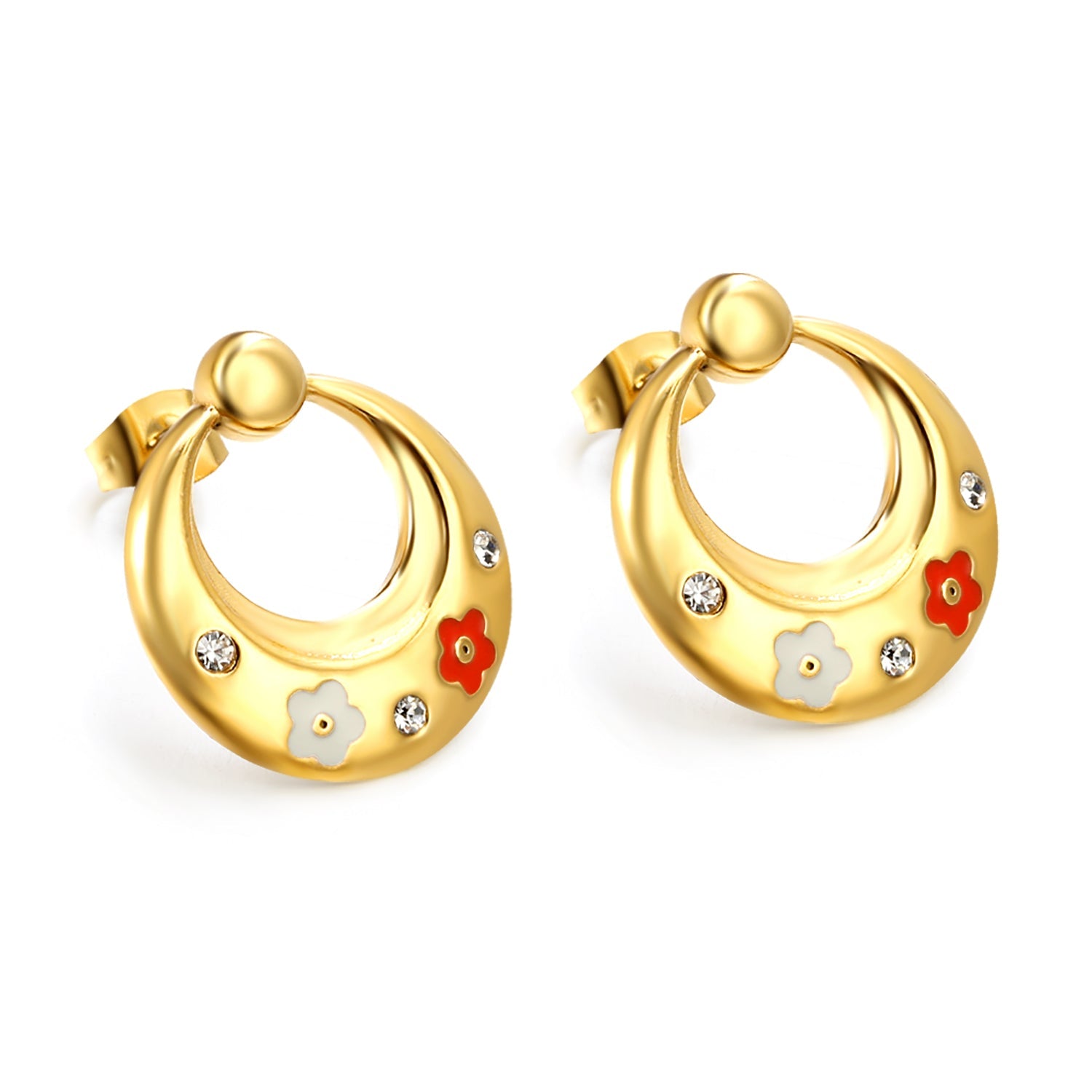 Oval Hoops with Mixed Color Flowers with White Diamonds Earrings 20*21mm asonjewelry