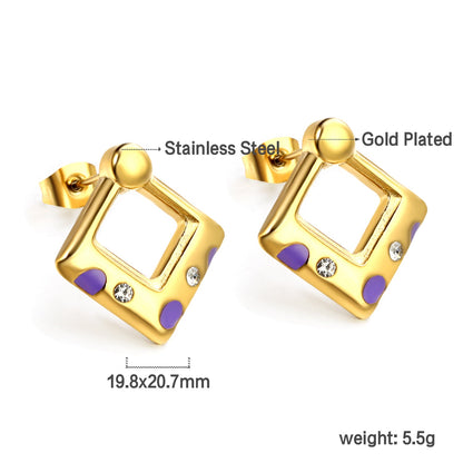 Square with purple oil drops with 2 white diamonds earrings 19.8*20.7mm asonjewelry