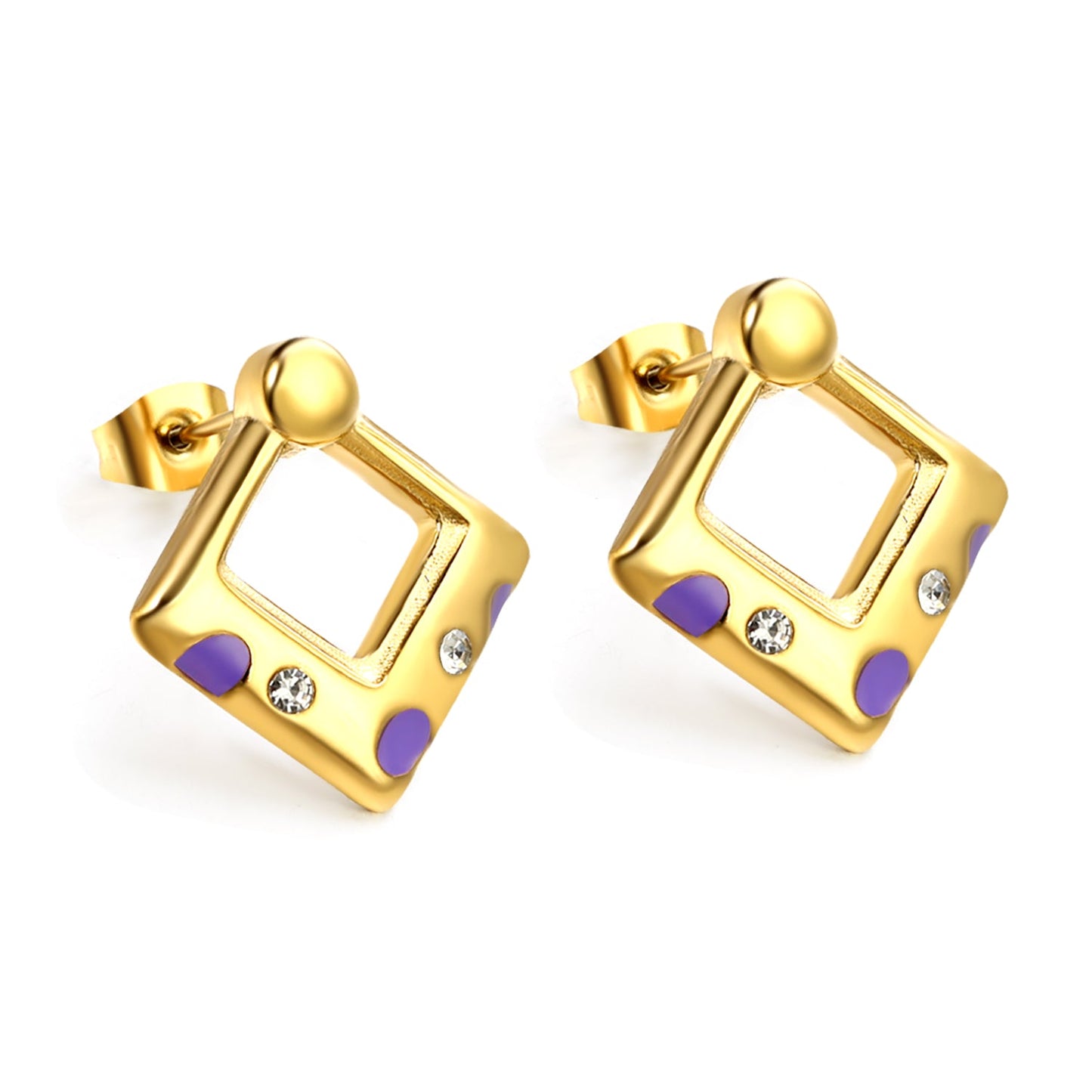 Square with purple oil drops with 2 white diamonds earrings 19.8*20.7mm asonjewelry