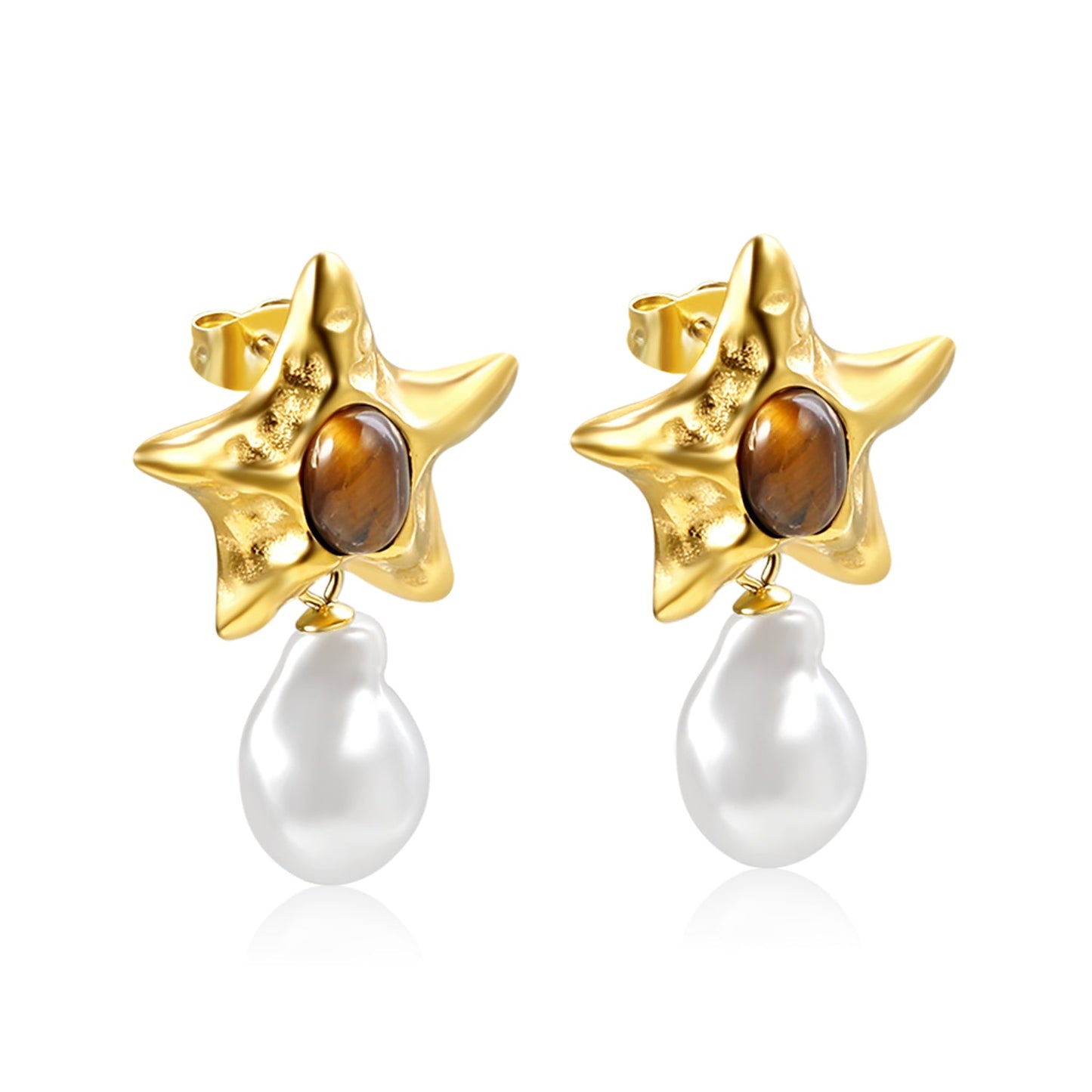 Starfish Pitted Faceted with Oval Brown Cat's Eye Stones + Shaped White Pearl Stud Earrings 21.5*36mm asonjewelry