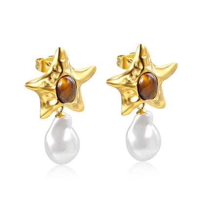 Starfish Pitted Faceted with Oval Brown Cat's Eye Stones + Shaped White Pearl Stud Earrings 21.5*36mm asonjewelry