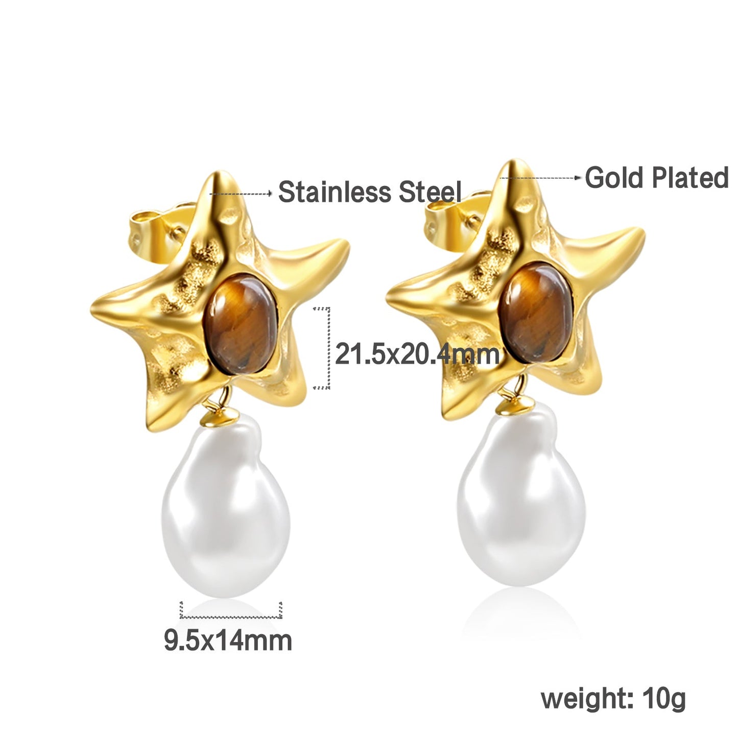 Starfish Pitted Faceted with Oval Brown Cat's Eye Stones + Shaped White Pearl Stud Earrings 21.5*36mm asonjewelry