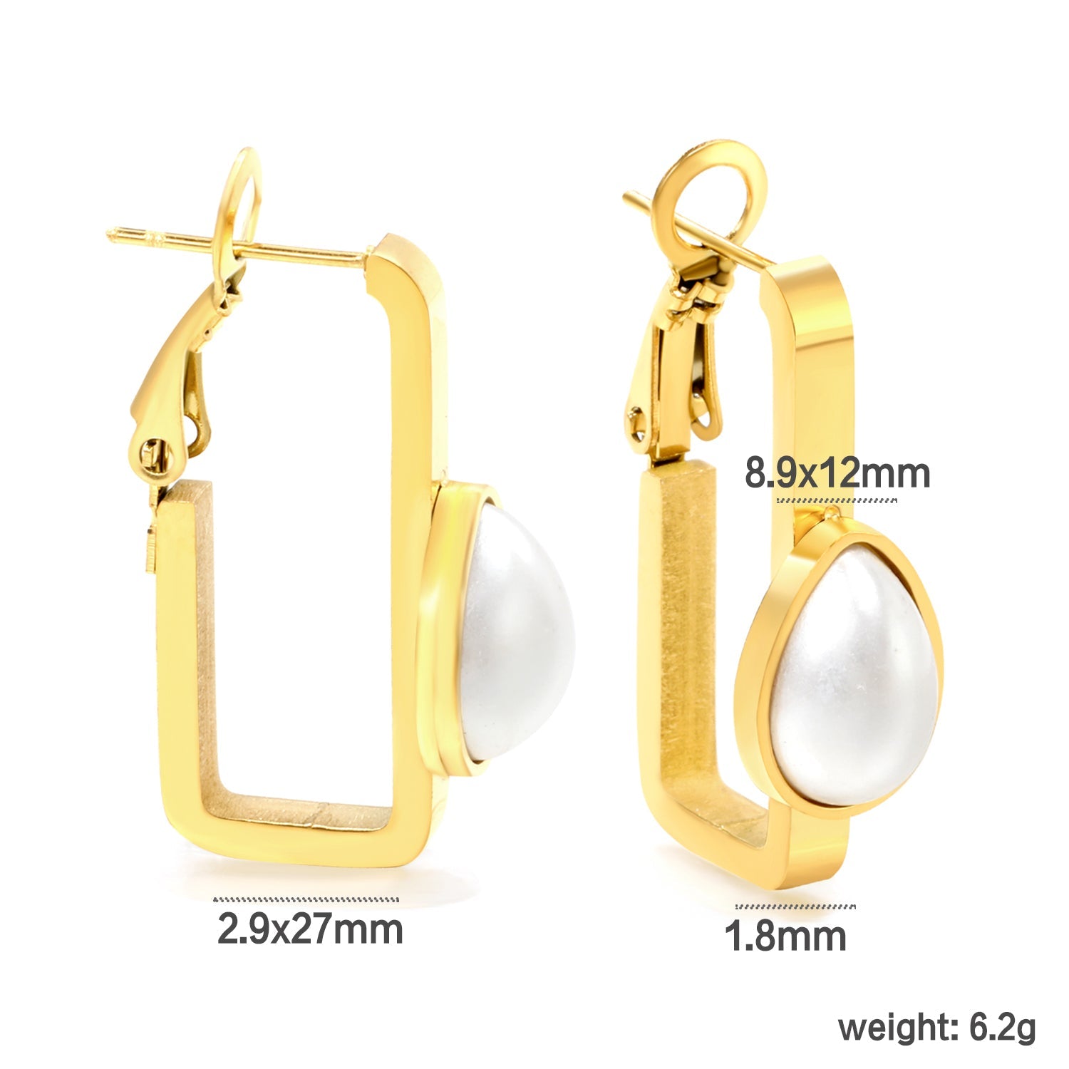 1.8*2.9*27mm rectangular hoop with teardrop shaped half-white pearl ear clips 8.9*12mm asonjewelry