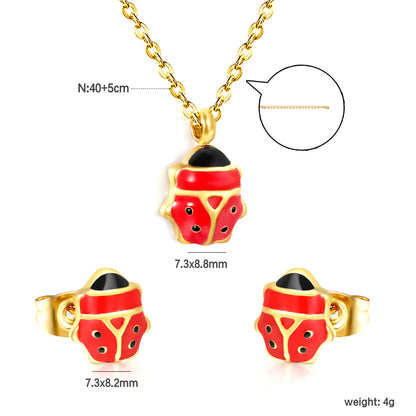 Seven star ladybug set Steel color/golden earrings: 7.3*8.2mm Pendant: 7.3*8.8mm0.3 Cross chain 40+5cm+6mm round plate asonjewelry