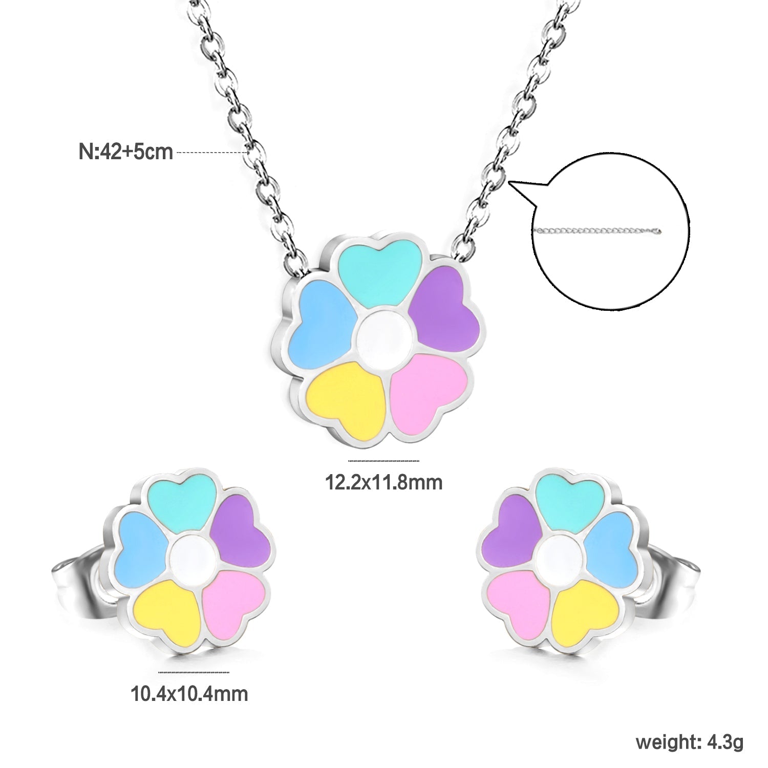Colorful Flowers Set Steel/Gold Earrings:10.4*10.4mm Pendant:12.2*11.8mm 0.3 Cross Chain 42+5cm+6mm Round Plaque asonjewelry