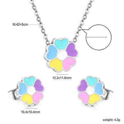 Colorful Flowers Set Steel/Gold Earrings:10.4*10.4mm Pendant:12.2*11.8mm 0.3 Cross Chain 42+5cm+6mm Round Plaque asonjewelry