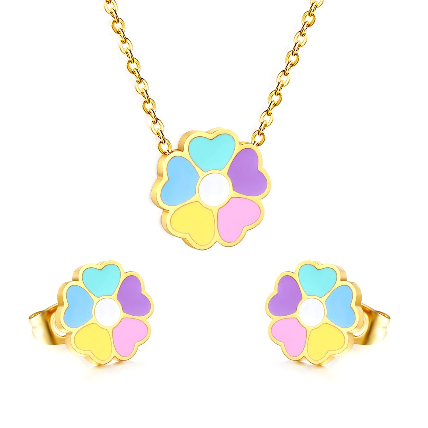 Colorful Flowers Set Steel/Gold Earrings:10.4*10.4mm Pendant:12.2*11.8mm 0.3 Cross Chain 42+5cm+6mm Round Plaque asonjewelry