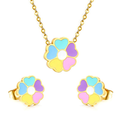 Colorful Flowers Set Steel/Gold Earrings:10.4*10.4mm Pendant:12.2*11.8mm 0.3 Cross Chain 42+5cm+6mm Round Plaque asonjewelry