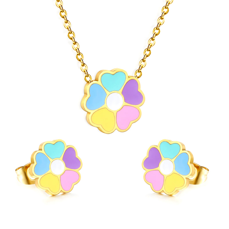 Colorful Flowers Set Steel/Gold Earrings:10.4*10.4mm Pendant:12.2*11.8mm 0.3 Cross Chain 42+5cm+6mm Round Plaque
