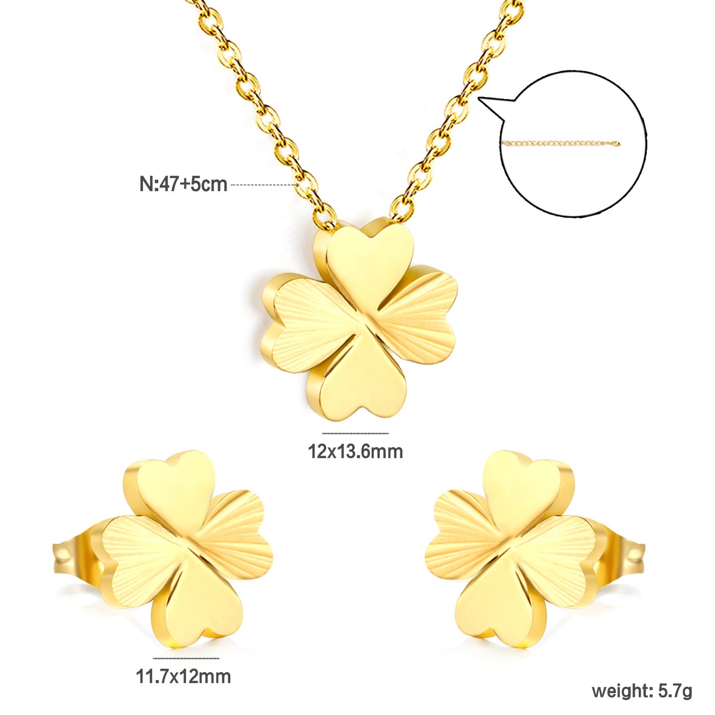Four Leaf Clover Set Gold Earrings: 11.7*12mm Pendant: 12*13.6mm0.35 Cross Chain 40+5cm+10*2mm Square Plaque asonjewelry