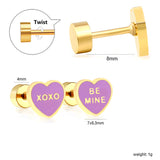 Screw plug 0.8*8mm pin 7*6.3mm heart with purple oil drop earrings gold color