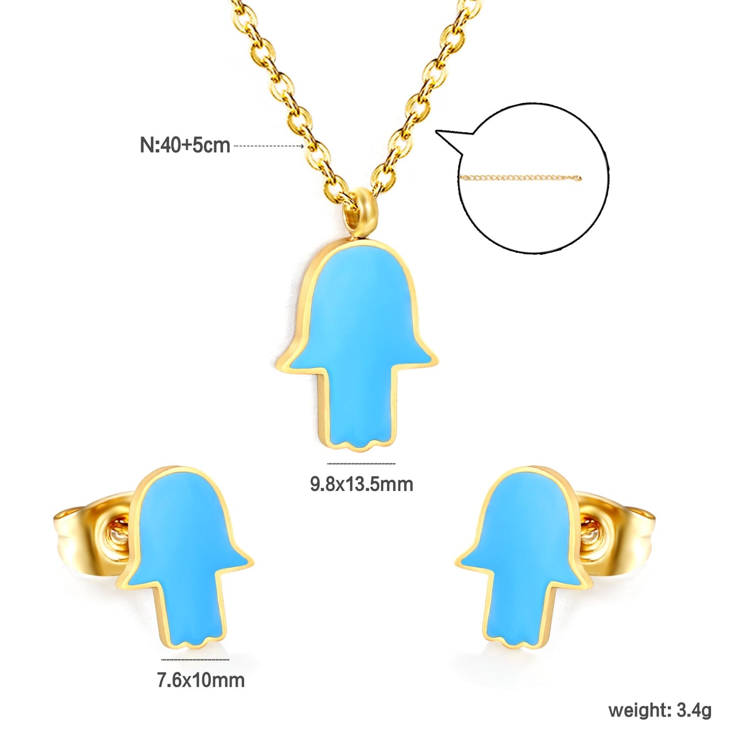 Glossy set Gold/light blue Earrings: 8.7*10.8mm Pendant: 10.7*13.6mm 0.3 cross chain 40+5cm+6mm round plate asonjewelry