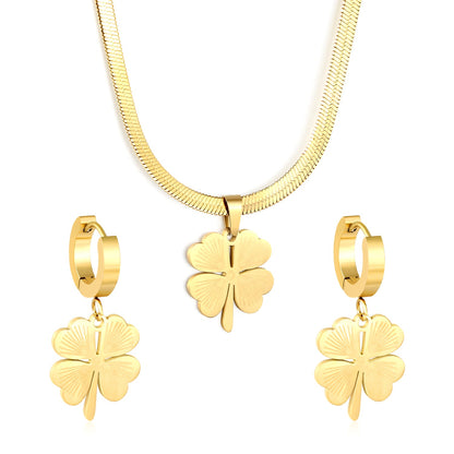 Four Leaf Clover Necklace Earring Set Gold Earrings: 15.8*18.3mm Pendant: 15.8*18.3mm3.2 Push Dense Chain 40+5cm+6mm Round Tail Plaque asonjewelry