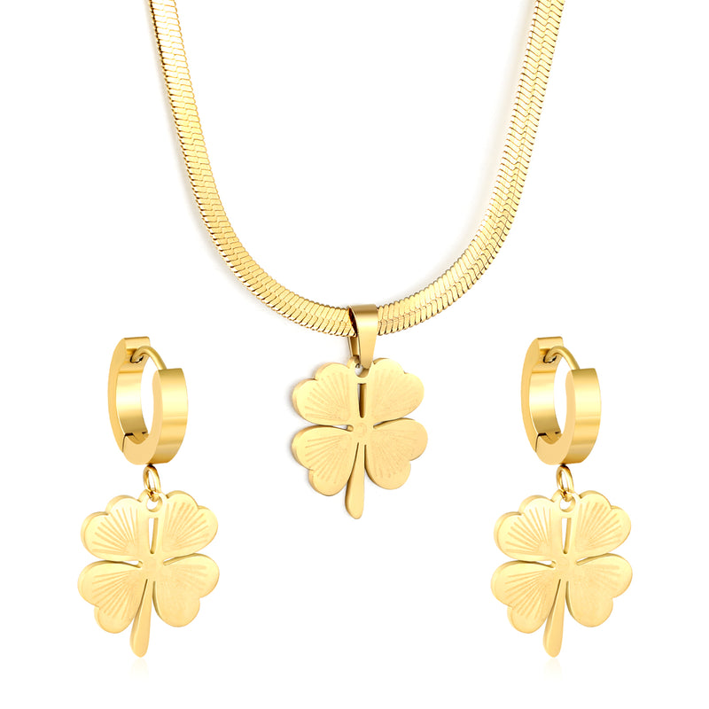 Four Leaf Clover Necklace Earring Set Gold Earrings: 15.8*18.3mm Pendant: 15.8*18.3mm3.2 Push Dense Chain 40+5cm+6mm Round Tail Plaque