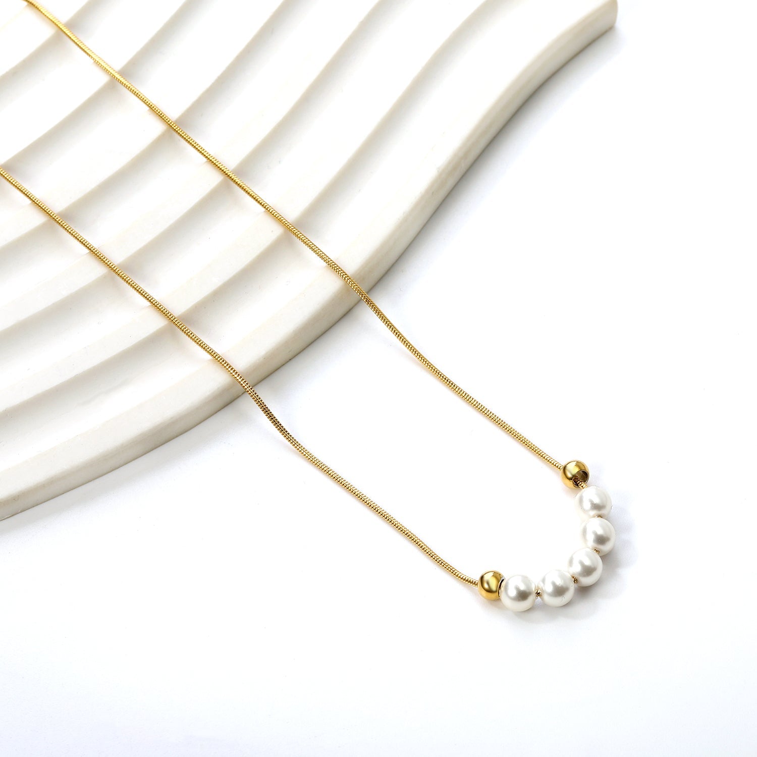 5 white pearls 4.9mm + 2 steel beads 3.9mm necklace 44+5cm asonjewelry