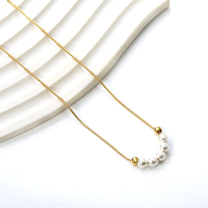 5 white pearls 4.9mm + 2 steel beads 3.9mm necklace 44+5cm asonjewelry