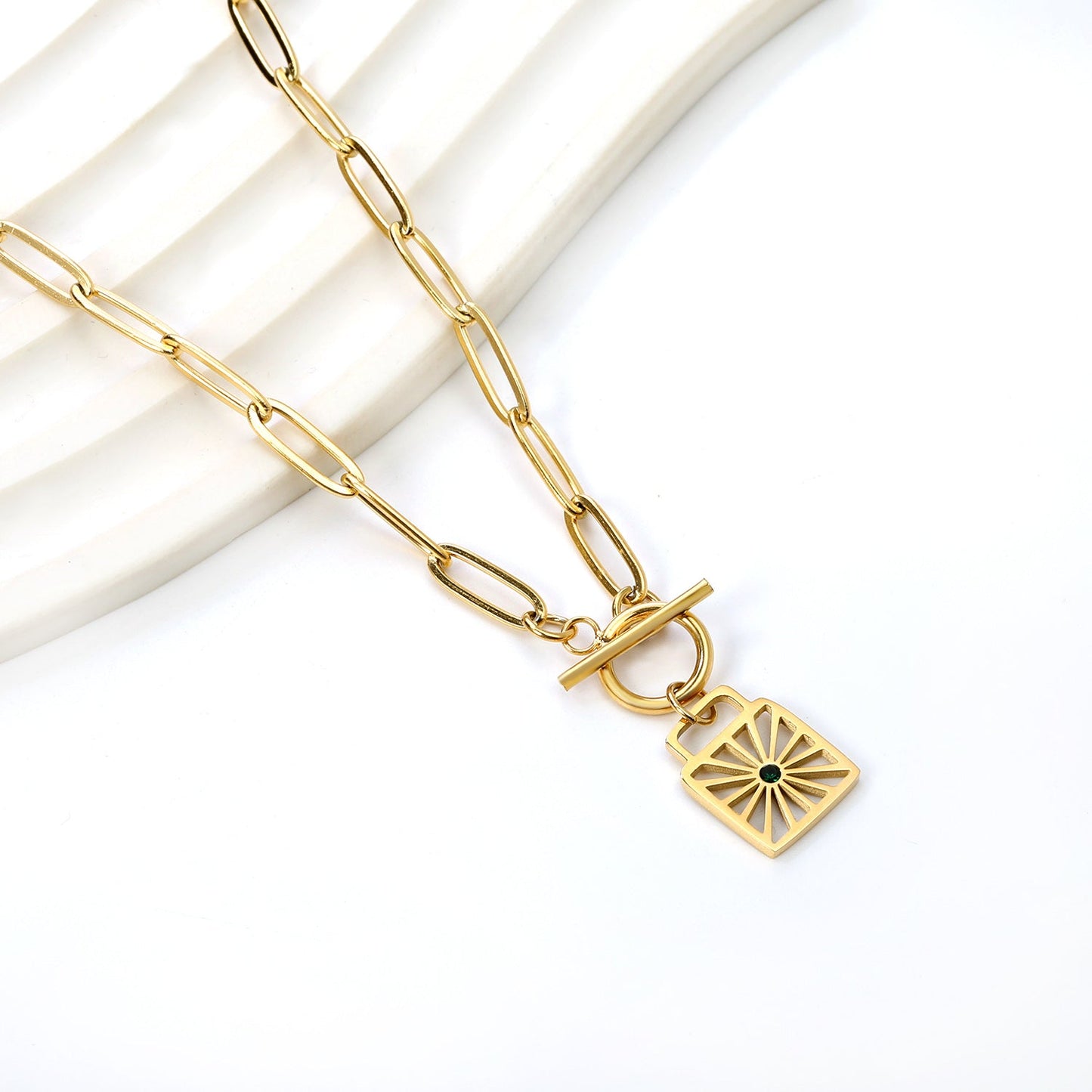 Square hollowed out pendant with green diamonds 15*28mm necklace 45cm asonjewelry