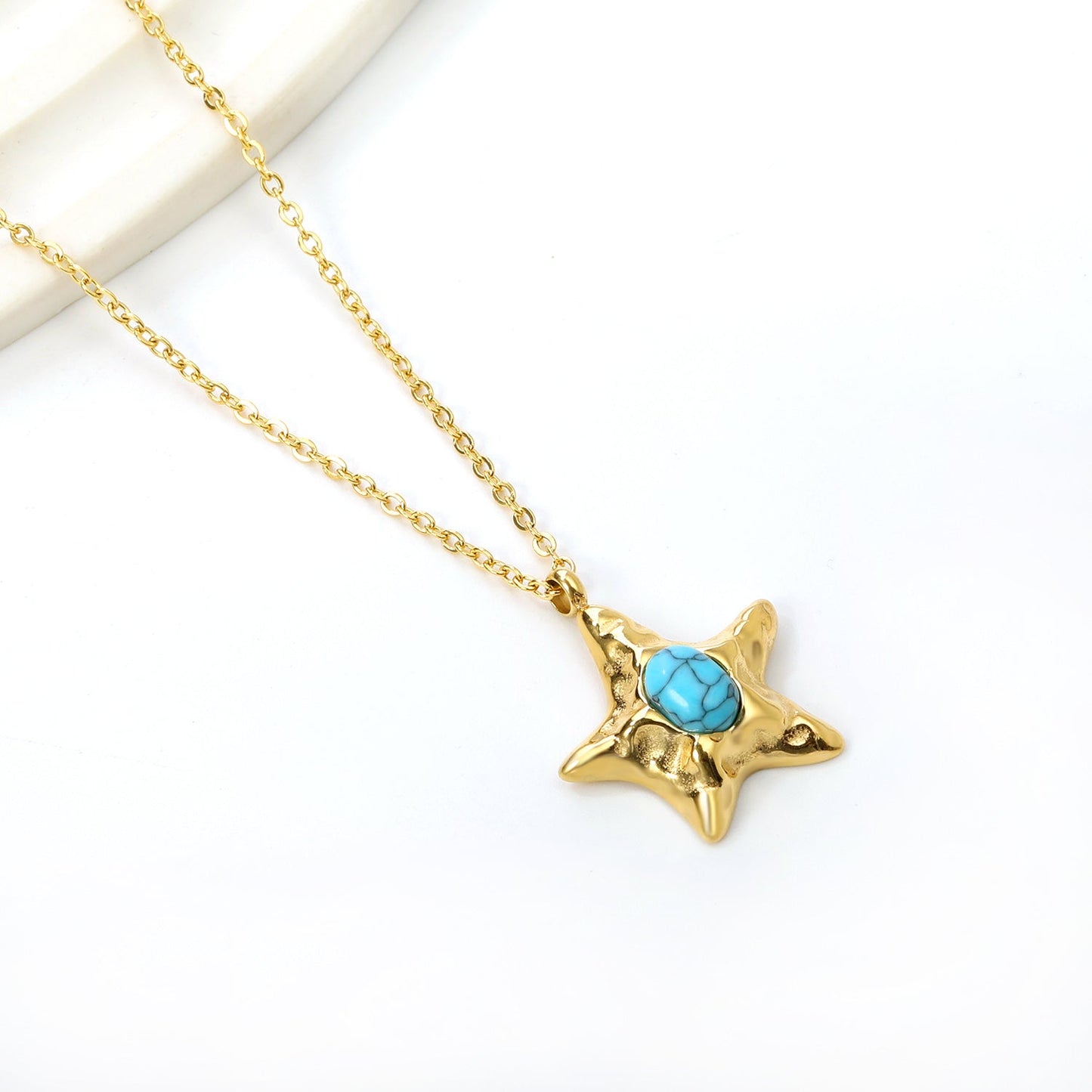 Starfish with oval blue turquoise pendant 21.2mm necklace 50+5cm asonjewelry