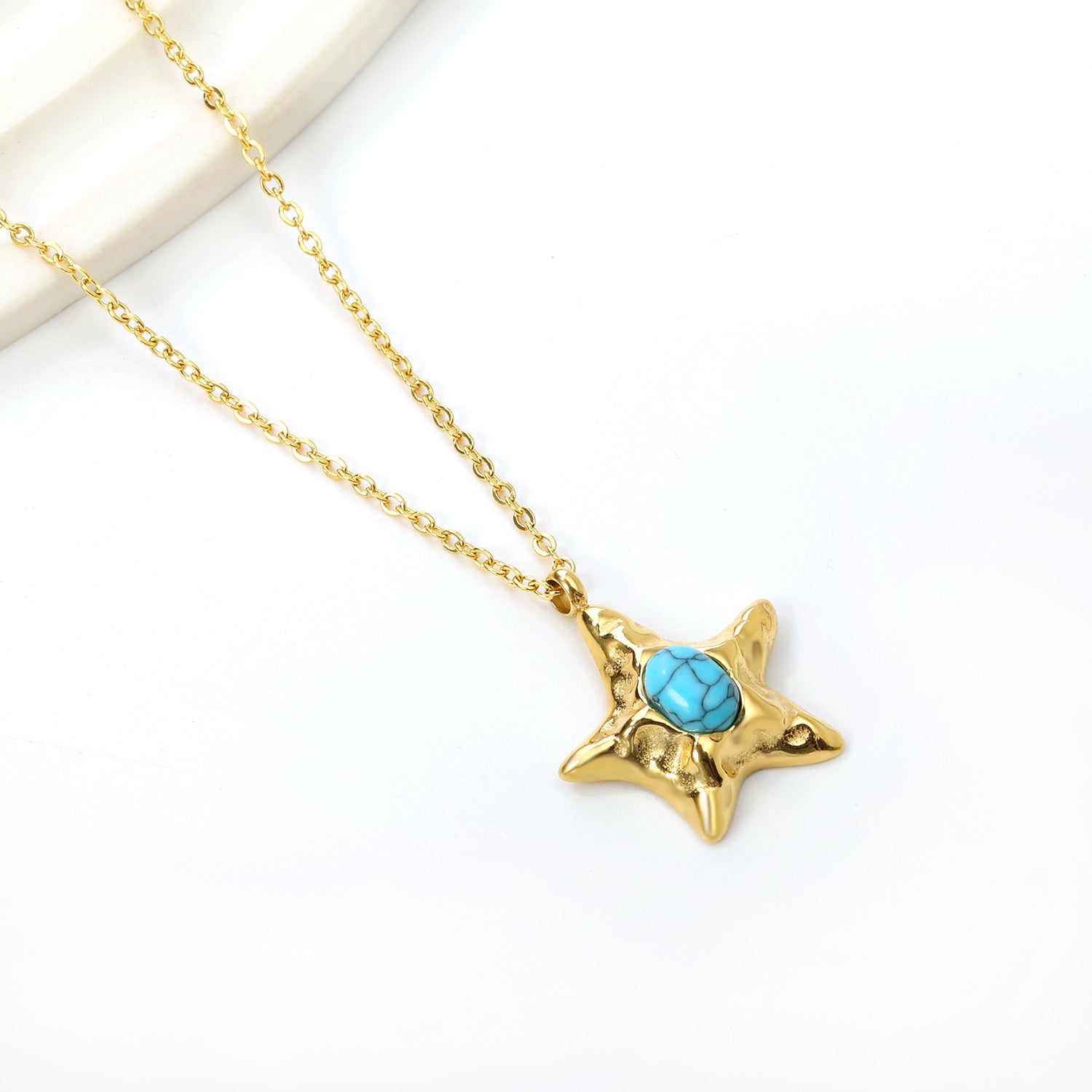 Starfish with oval blue turquoise pendant 21.2mm necklace 50+5cm asonjewelry