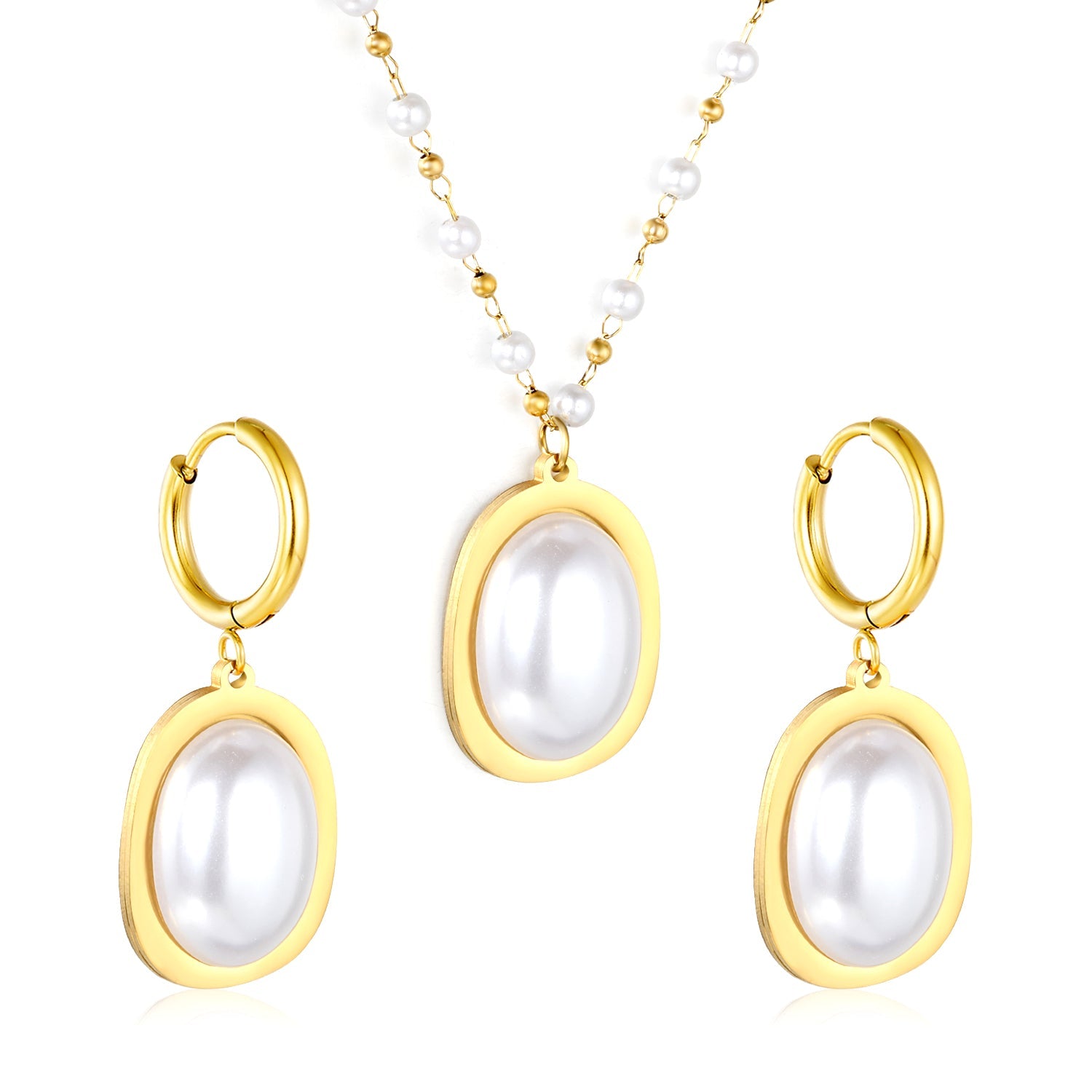 Pearl Necklace Earrings Set Gold Earrings: 16.3*23.6mm Pendant: 16.3*23.6mm 3mm Pearl + 1.9mm Steel Bead Chain 40+5cm+6mm Round Tail Plaque asonjewelry