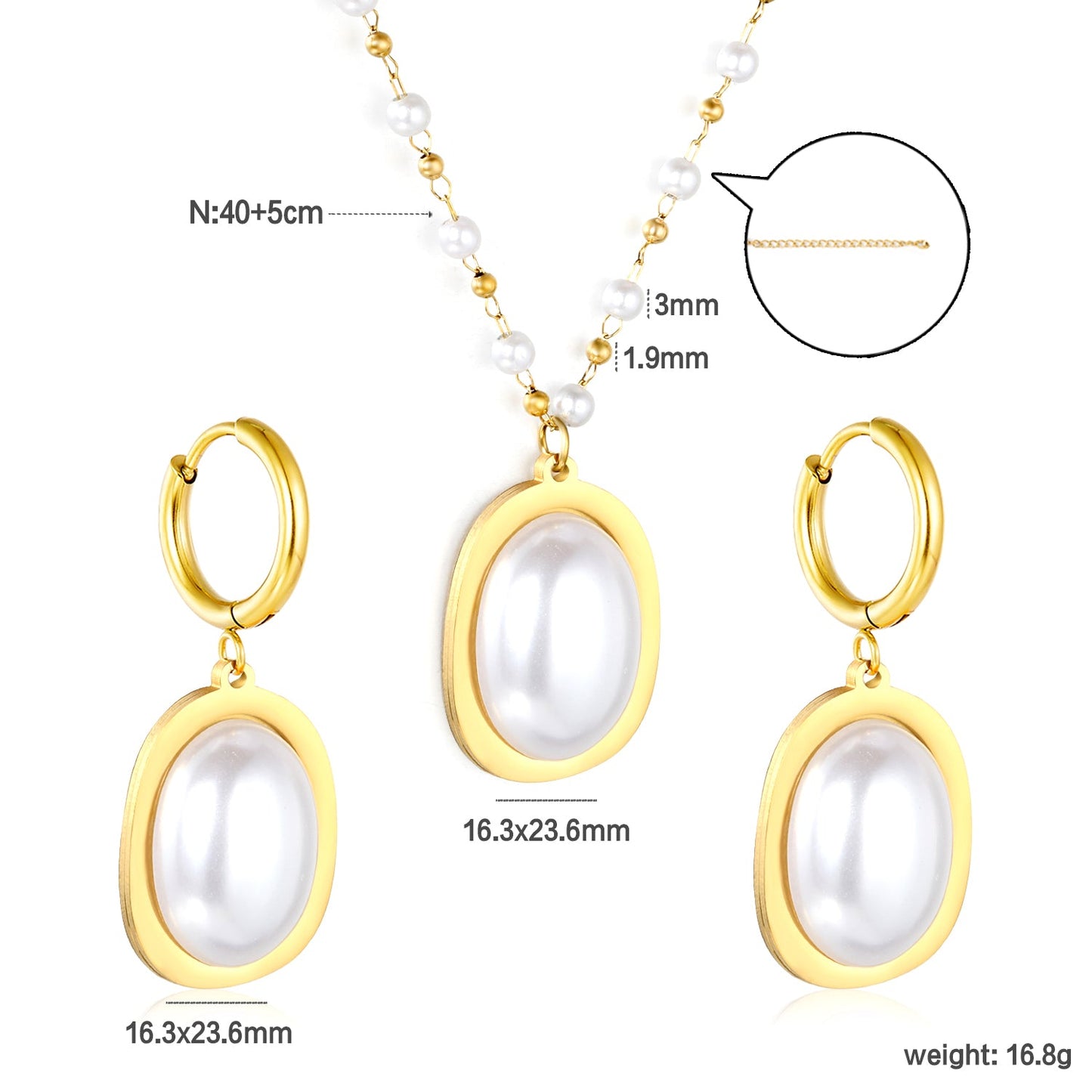 Pearl Necklace Earrings Set Gold Earrings: 16.3*23.6mm Pendant: 16.3*23.6mm 3mm Pearl + 1.9mm Steel Bead Chain 40+5cm+6mm Round Tail Plaque asonjewelry