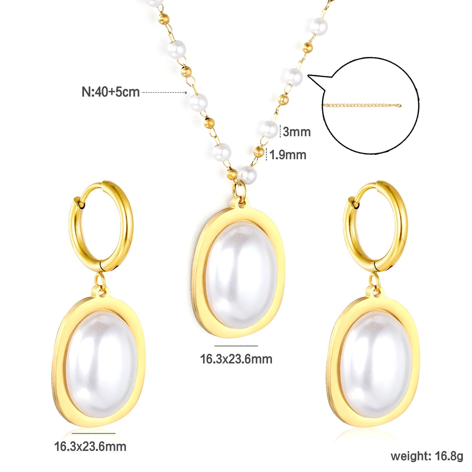 Pearl Necklace Earrings Set Gold Earrings: 16.3*23.6mm Pendant: 16.3*23.6mm 3mm Pearl + 1.9mm Steel Bead Chain 40+5cm+6mm Round Tail Plaque asonjewelry