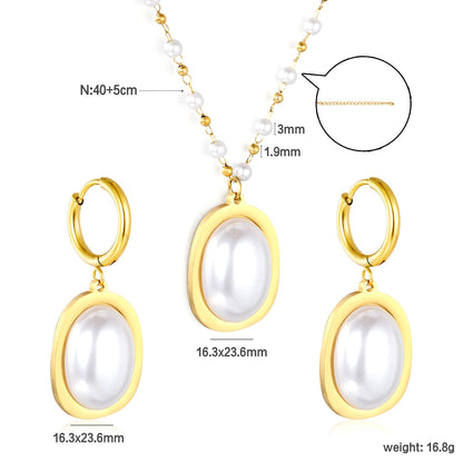 Pearl Necklace Earrings Set Gold Earrings: 16.3*23.6mm Pendant: 16.3*23.6mm 3mm Pearl + 1.9mm Steel Bead Chain 40+5cm+6mm Round Tail Plaque asonjewelry