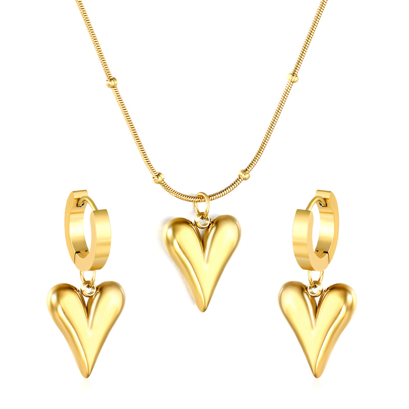 Pointed Heart Set Gold Earrings: 12.1*14.7mm Pendant: 12.1*14.7mm0.9 Round Snake Chain 42+5cm+6mm