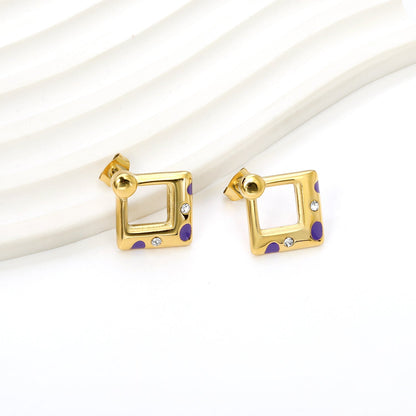 Square with purple oil drops with 2 white diamonds earrings 19.8*20.7mm asonjewelry