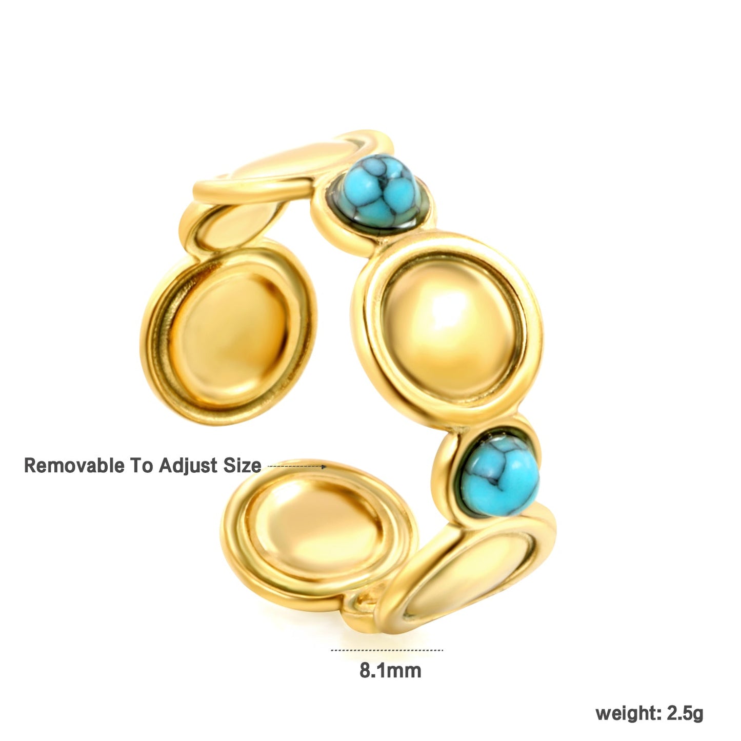 The ring consists of discs of various sizes and is set with 2 turquoise stones. asonjewelry