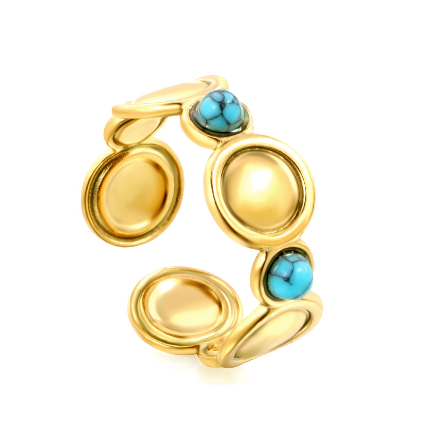 The ring consists of discs of various sizes and is set with 2 turquoise stones. asonjewelry