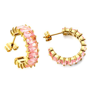 C-Shape with Two Grips Rectangle White/Purple/Green/Orange/Mixed/Pink Zirconium Earrings 6.8*21mm Steel Color/Golden Color