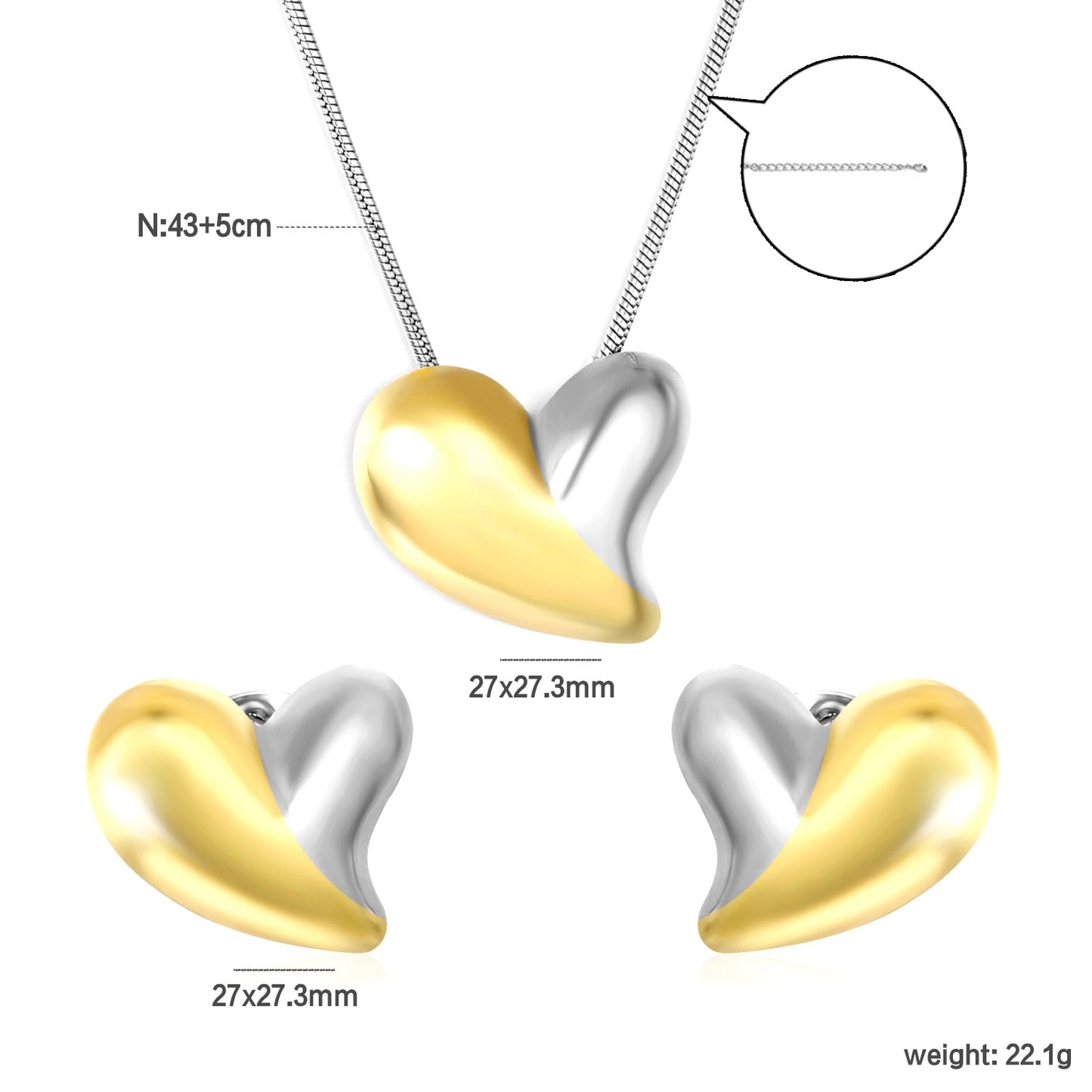 Love Set Steel/Gold/Mixed Earrings: 27*27.3mm Pendant: 27*27.3mm 1.6 Round Snake Chain 43+5cm+6mm Round Tail Tag asonjewelry