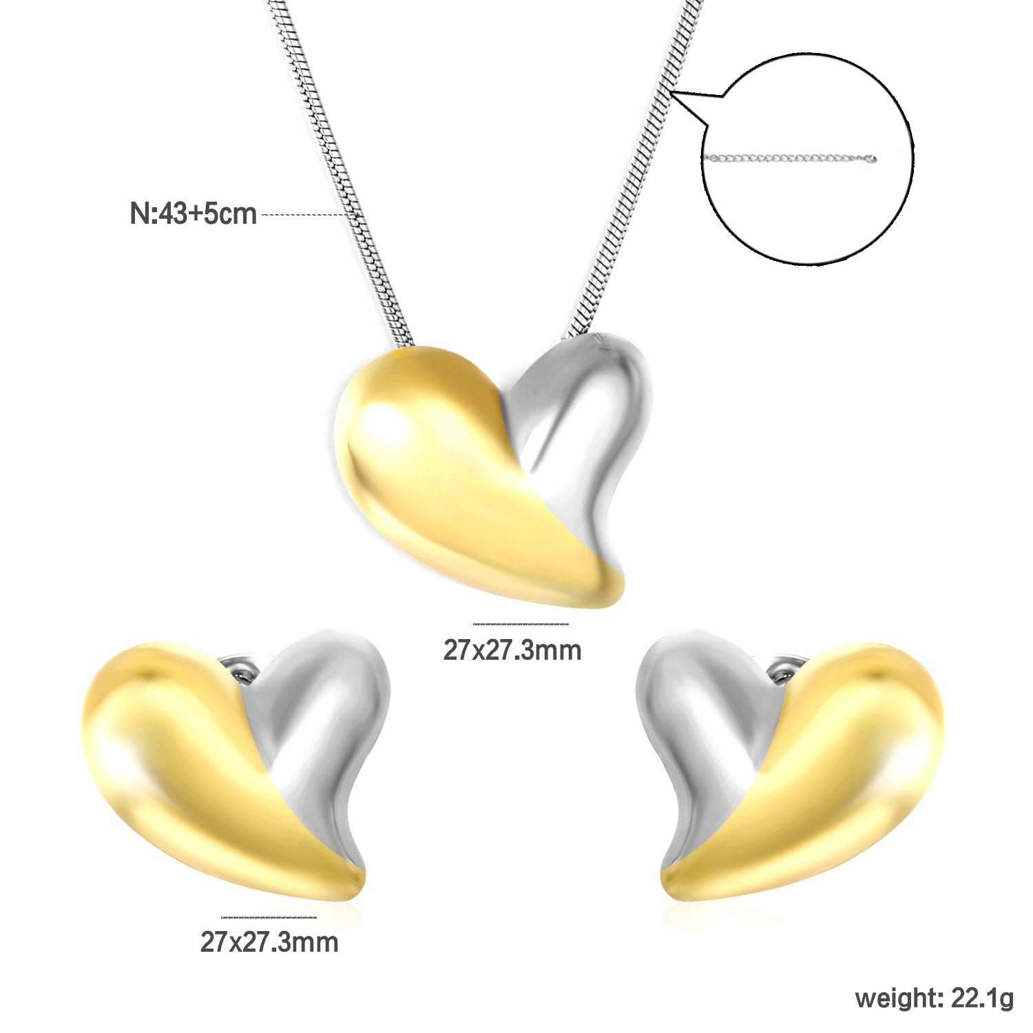 Love Set Steel/Gold/Mixed Earrings: 27*27.3mm Pendant: 27*27.3mm 1.6 Round Snake Chain 43+5cm+6mm Round Tail Tag asonjewelry