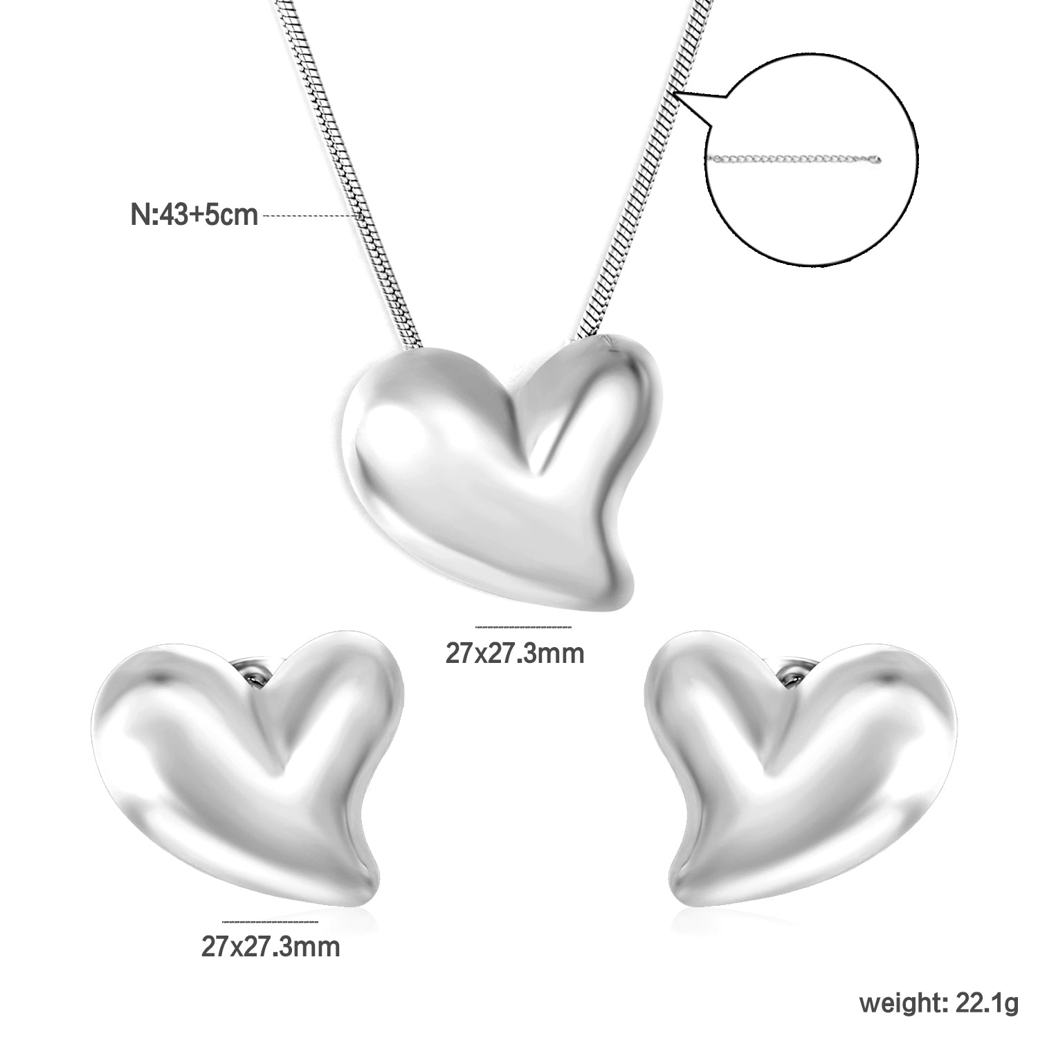 Love Set Steel/Gold/Mixed Earrings: 27*27.3mm Pendant: 27*27.3mm 1.6 Round Snake Chain 43+5cm+6mm Round Tail Tag asonjewelry