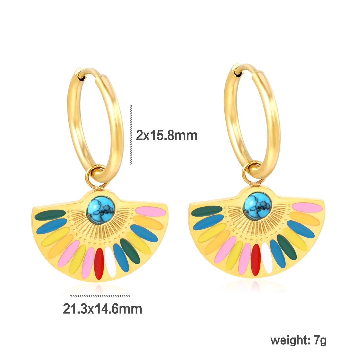2*18.5mm Circle+Scalloped with Colorful Oil Drops+Semi-circle Blue Turquoise Earrings 21.3*14.6mm asonjewelry