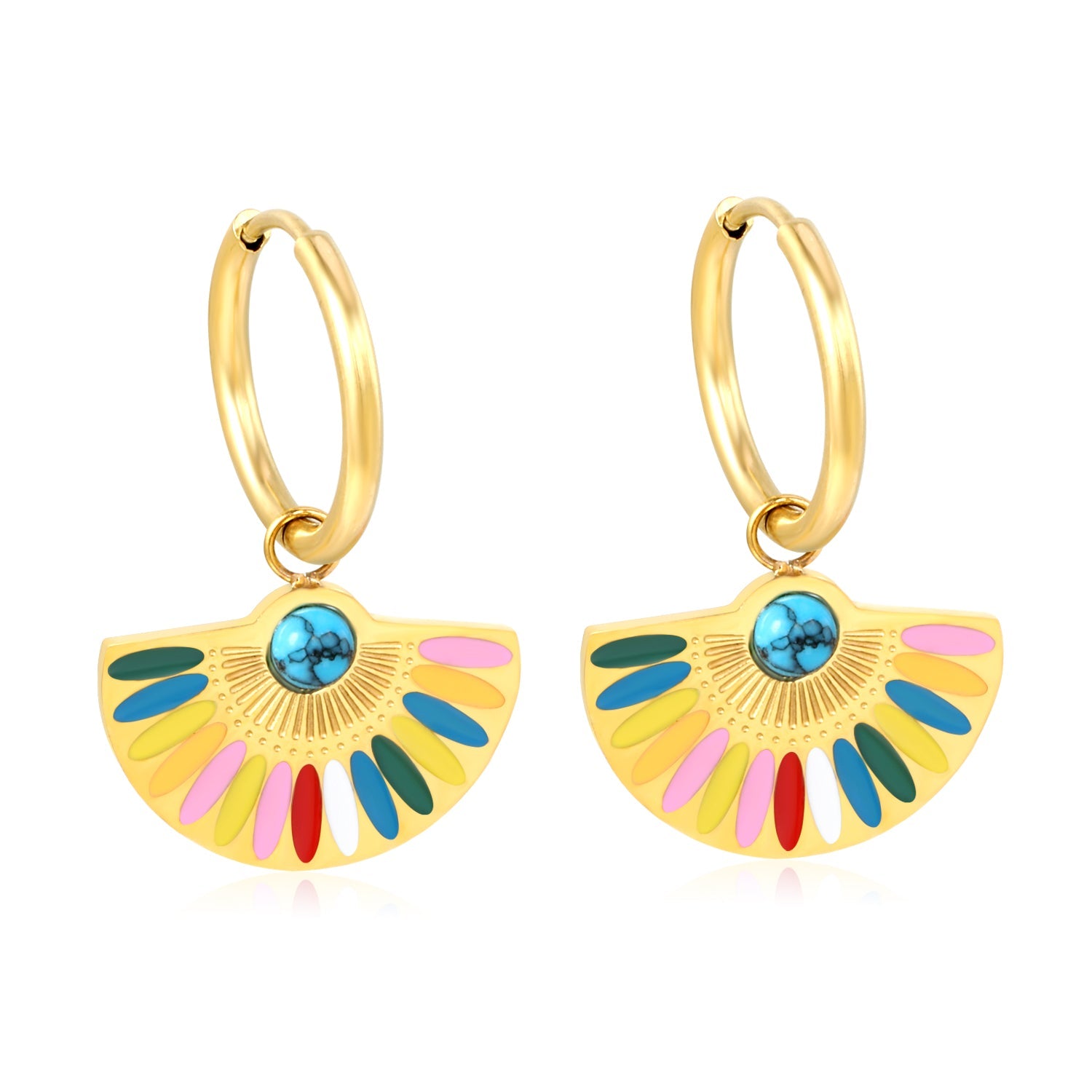 2*18.5mm Circle+Scalloped with Colorful Oil Drops+Semi-circle Blue Turquoise Earrings 21.3*14.6mm asonjewelry