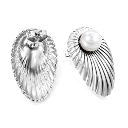 Oval Leaf with 1 White Pearl Stud Earrings 15.2*24mm asonjewelry