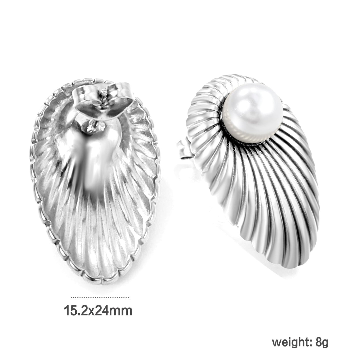 Oval Leaf with 1 White Pearl Stud Earrings 15.2*24mm asonjewelry