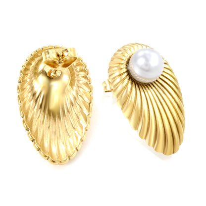 Oval Leaf with 1 White Pearl Stud Earrings 15.2*24mm asonjewelry