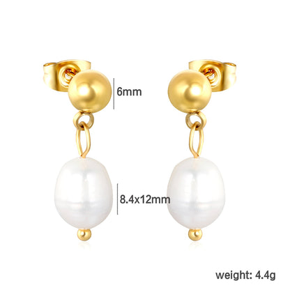 8.4*12mm freshwater pearl pendant+6mm steel earrings gold color asonjewelry